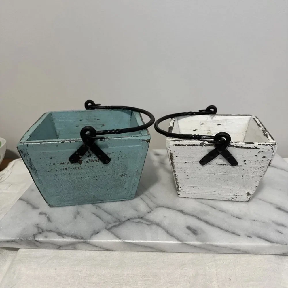 Antique wood buckets pails Rustic Metal Set of 2 - Blue and White